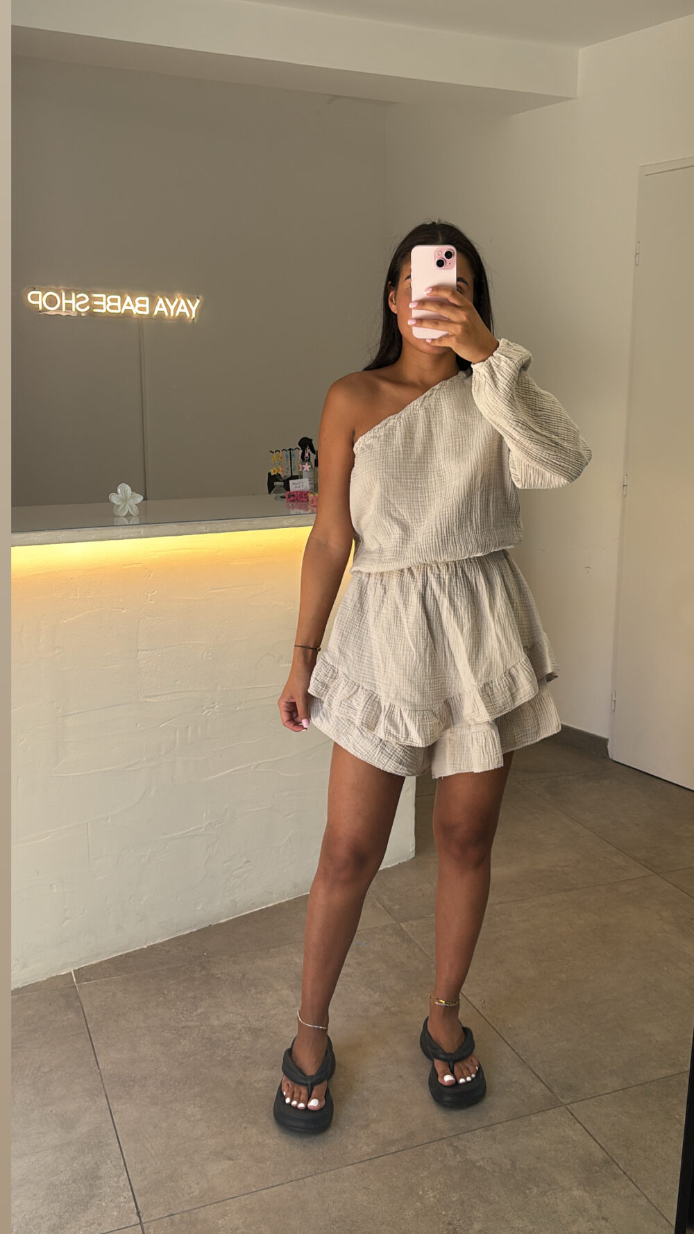 COMBI SHORT GAZ DE COTON BEIGE – Image 2